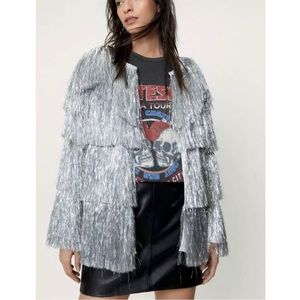 Nasty Gal Metallic Open Front Tiered Tinsel Fringe Jacket